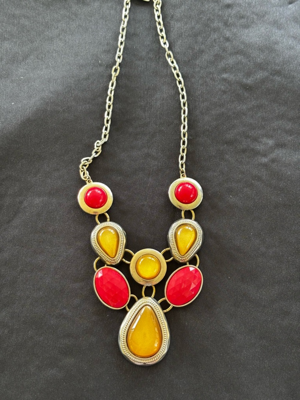 Gold-Tone Statement Necklace with Red and Yellow Stones